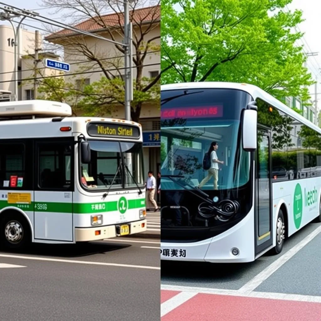 Kyoto bus on one side and a modern electric bus