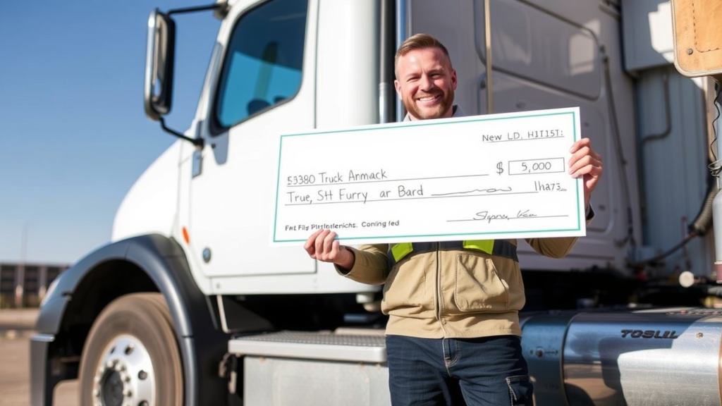 A smiling truck driver standing in front of their truck, holding a large paycheck.