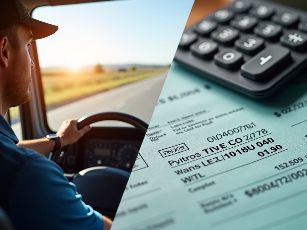 A split image on one side, a truck driver on the road, on the other side, a close-up of a calculator and paycheck, illustrating the process of calculating truck driver pay.