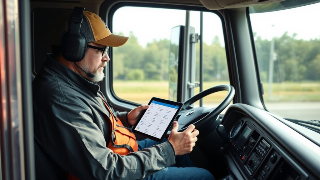 A truck driver sitting in the cab of a semi-truck, looking at a tablet displaying various pay calculation methods.