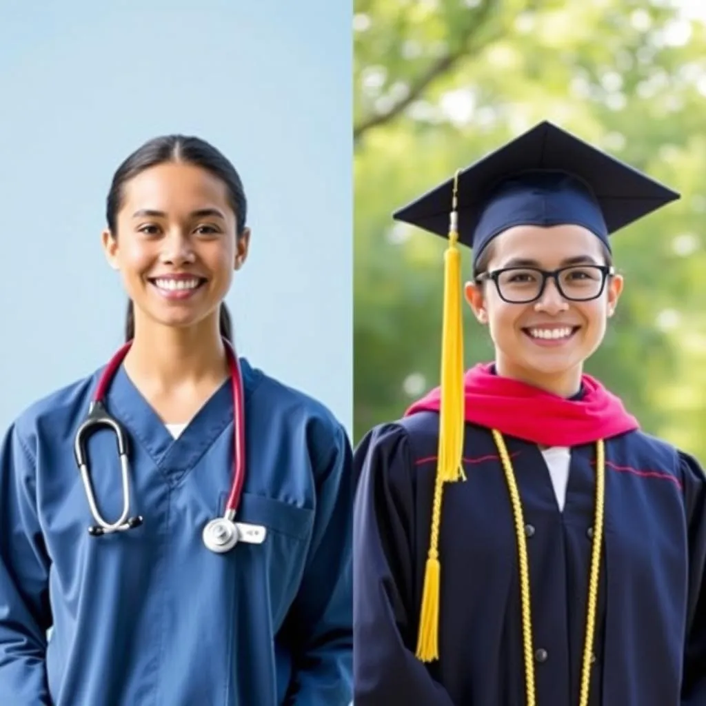 PA student in scrubs on one side and the same person in graduation attire on the other