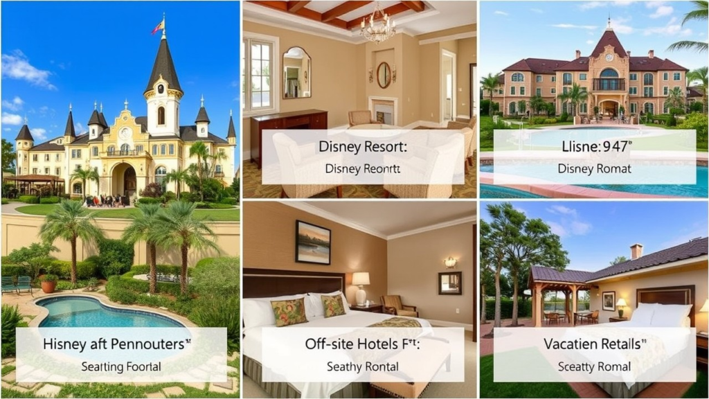 A collage showing different accommodation options, from Disney resorts to off-site hotels and vacation rentals