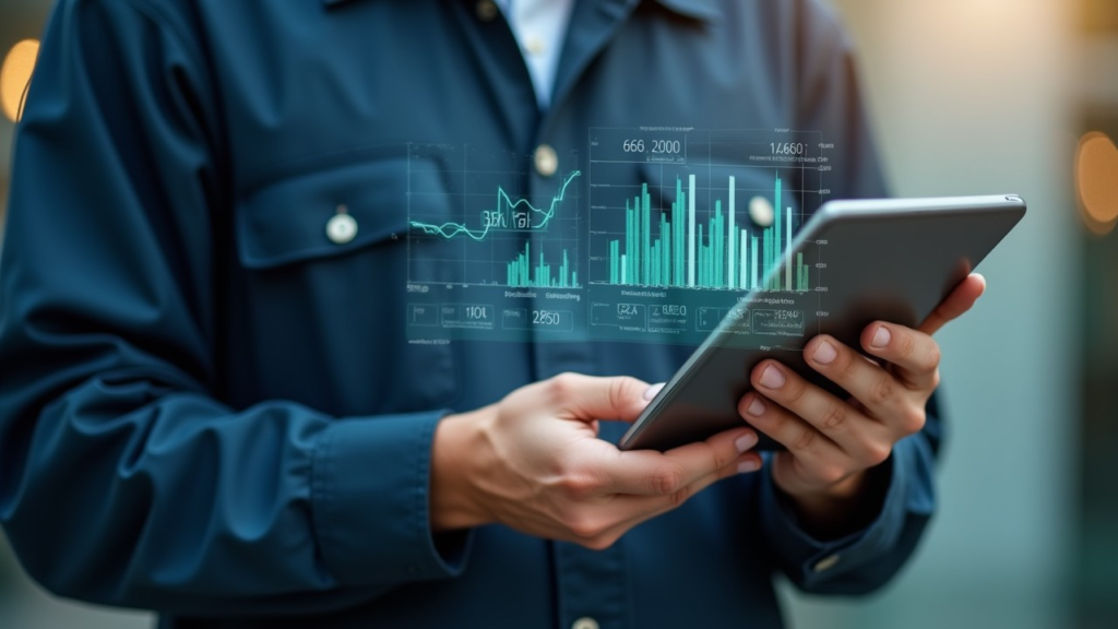 A construction worker using a tablet with financial data overlays.