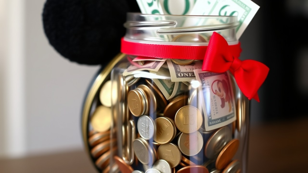 A creative Disney-themed savings jar filled with coins and bills