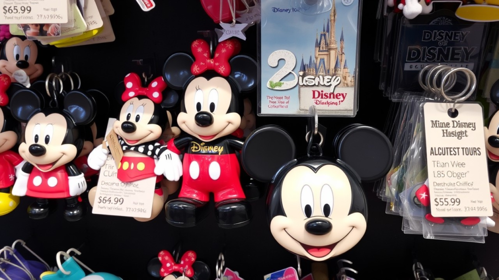 A display of various Disney souvenirs, with price tags showing a range of costs