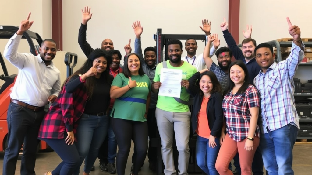 A group of diverse individuals celebrating after completing their forklift certification training