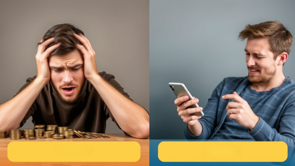 A split-screen image showing a stressed person counting coins on one side and a relaxed person using the DailyPay app on the other