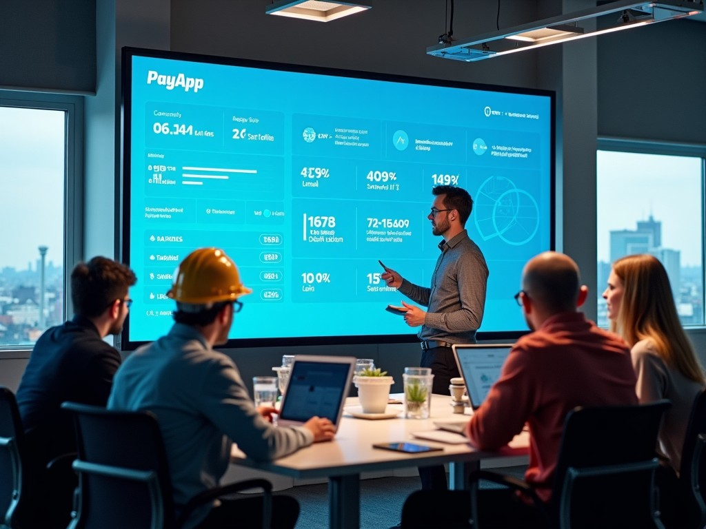 A team of construction professionals collaborating around a large screen displaying PayApp data