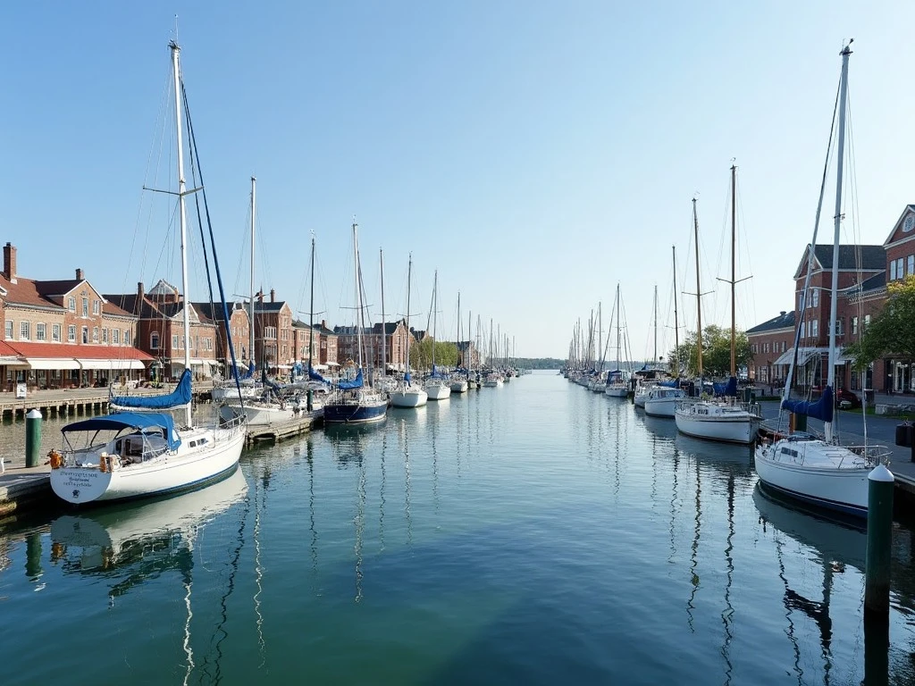 A view of Annapolis harbor with sailboats and the historic downtown in the background