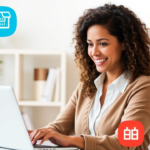 A smiling HR professional using Employee Navigator on a laptop, surrounded by colorful icons representing various HR functions