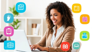 A smiling HR professional using Employee Navigator on a laptop, surrounded by colorful icons representing various HR functions