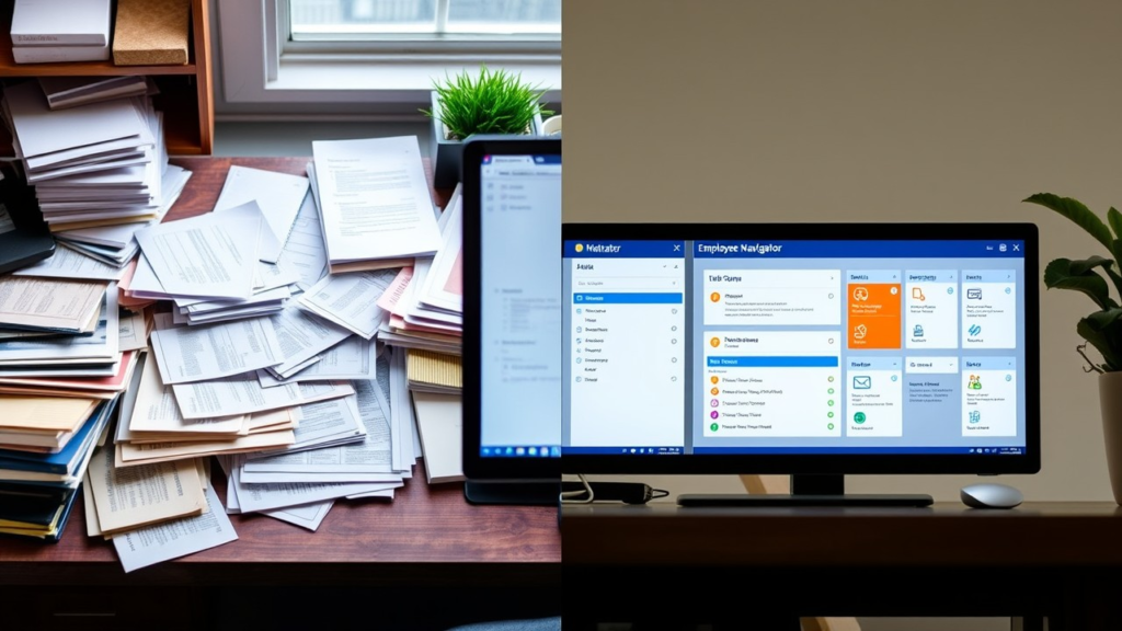 A split-screen showing a cluttered desk with paper files on one side and a clean, organized digital interface of Employee Navigator on the other