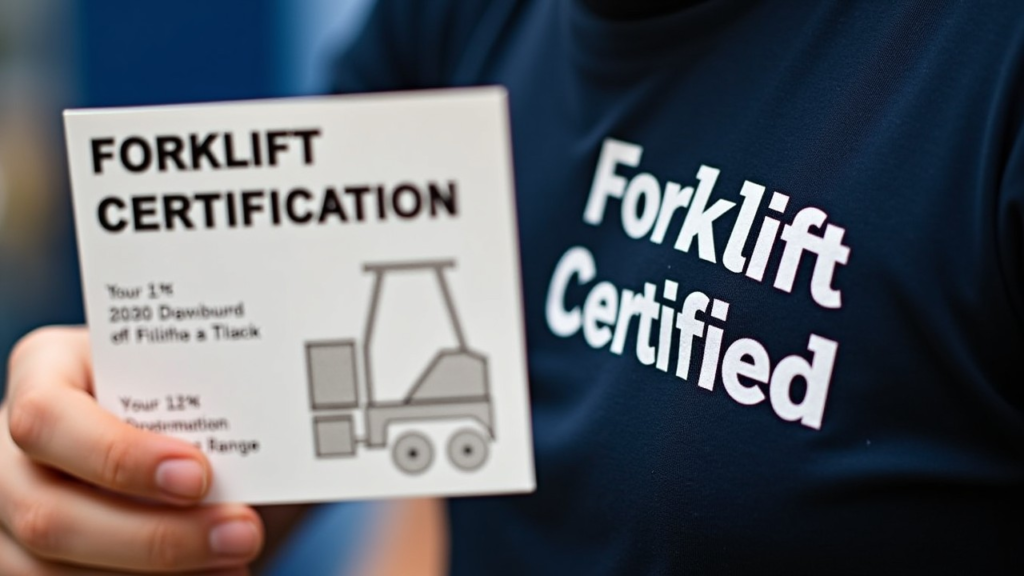 A close-up of a forklift certification card next to a Forklift Certified t-shirt