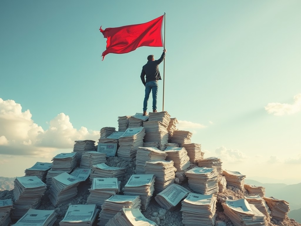 A film director standing atop a mountain of paperwork and funding applications, planting a flag of success, symbolizing the triumph over funding challenges.