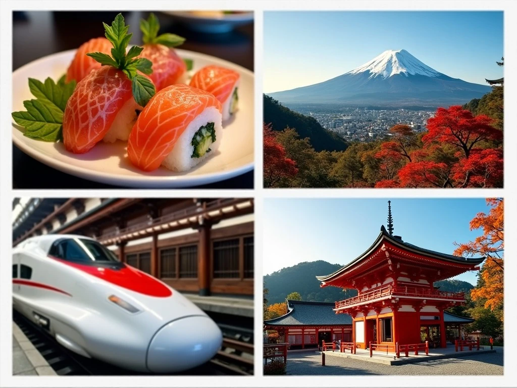 A collage of Japanese experiences - sushi, Mt. Fuji, a bullet train, and a traditional temple