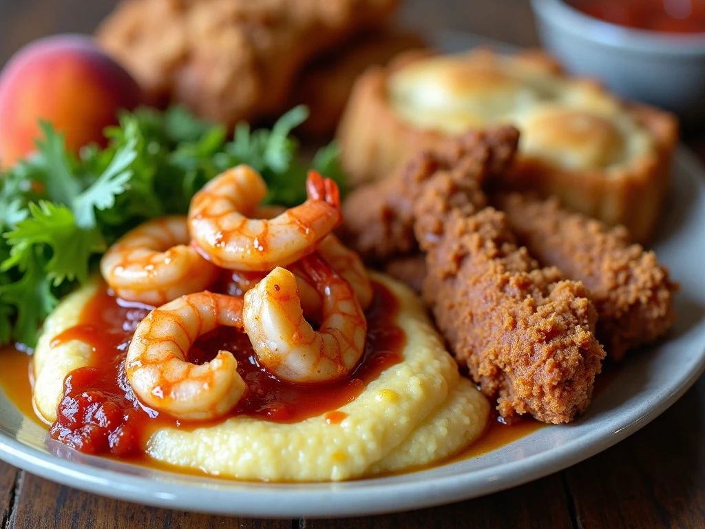 A mouthwatering spread of Southern cuisine, featuring shrimp and grits, fried chicken, and peach cobbler