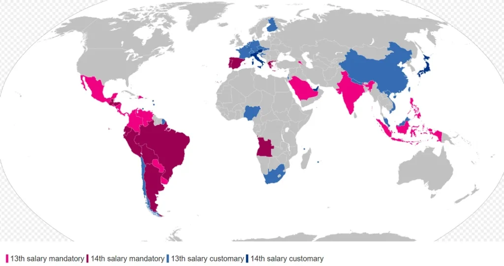 A world map highlighting countries where the 13th salary is common or mandated