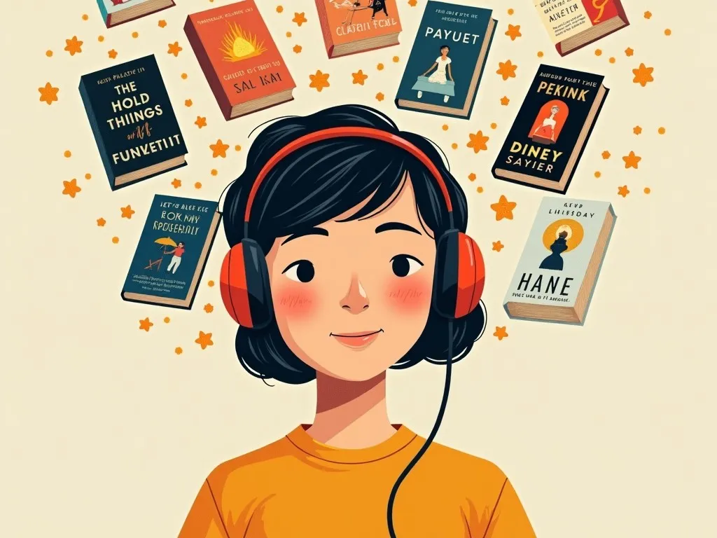 An illustration of a person wearing headphones, surrounded by floating book covers, representing the world of audiobooks beyond Audible