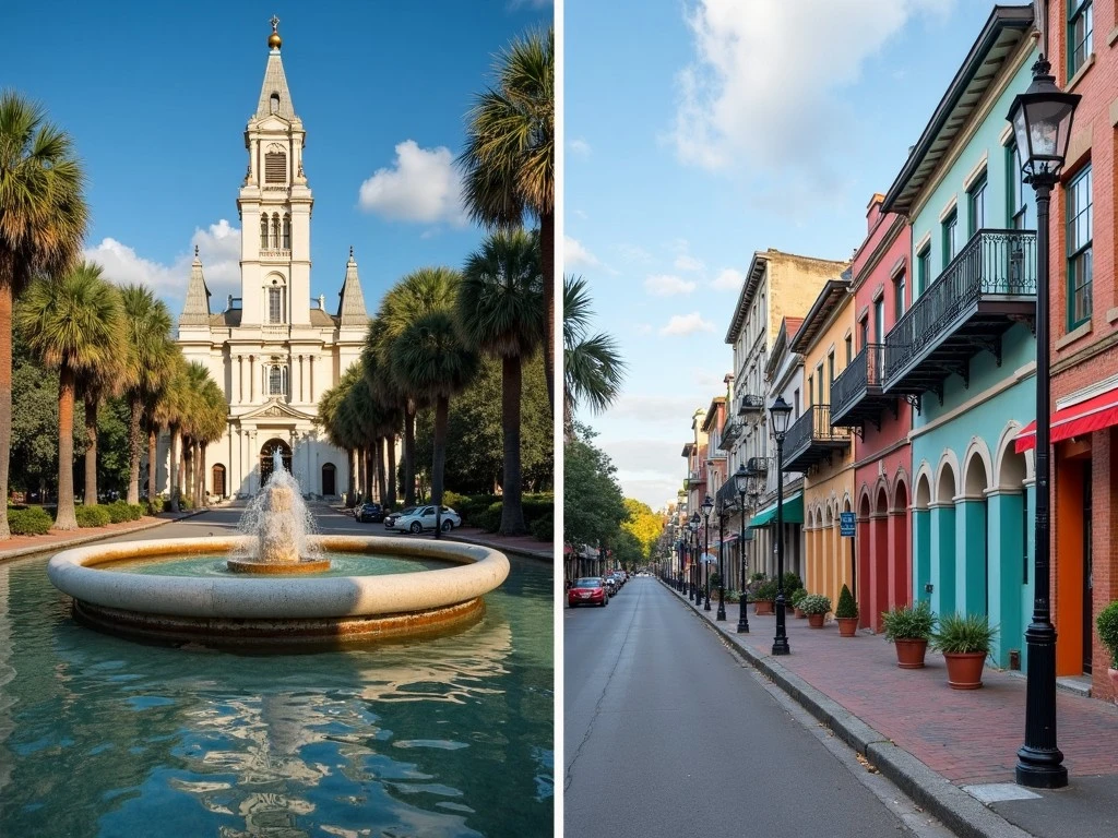 A collage of iconic landmarks from both cities, including Forsyth Park fountain in Savannah and Rainbow Row in Charleston