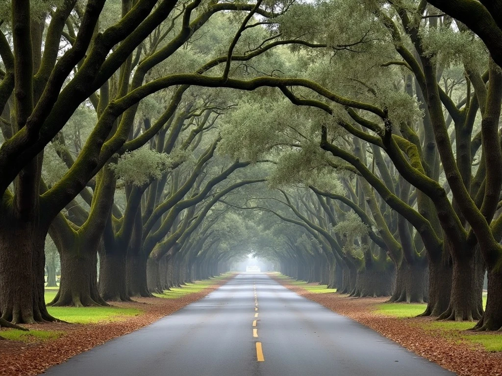 A scenic road winding through moss-draped oak trees, representing the journey from Savannah to Charleston