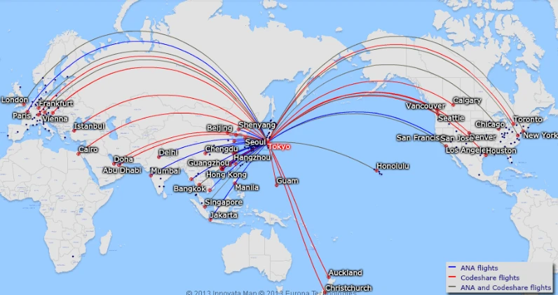 flight routes from various countries to Japan