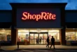 A brightly lit ShopRite storefront during evening hours, with customers entering and leaving.