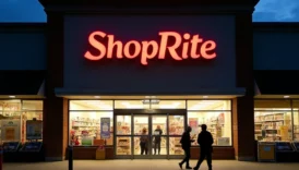 A brightly lit ShopRite storefront during evening hours, with customers entering and leaving.