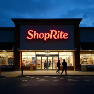 A brightly lit ShopRite storefront during evening hours, with customers entering and leaving.