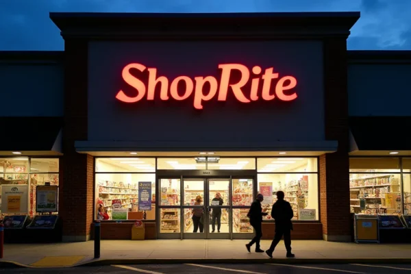 A brightly lit ShopRite storefront during evening hours, with customers entering and leaving.