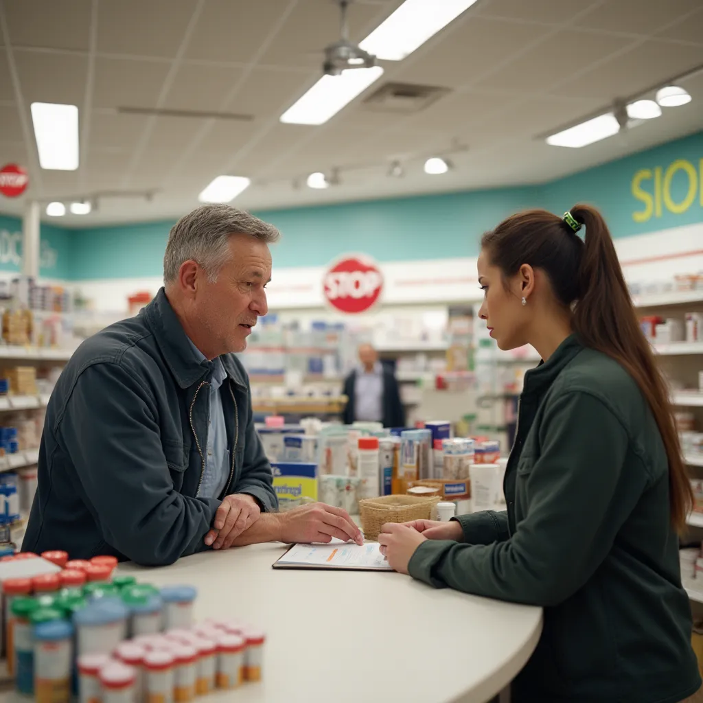 ShopRite’s pharmacy counter with a customer picking up a prescription.