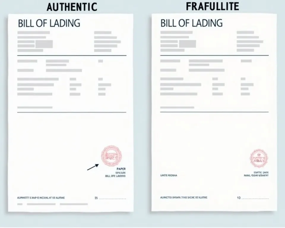 Side-by-side comparison of authentic vs fraudulent bill of lading documents highlighting key differences