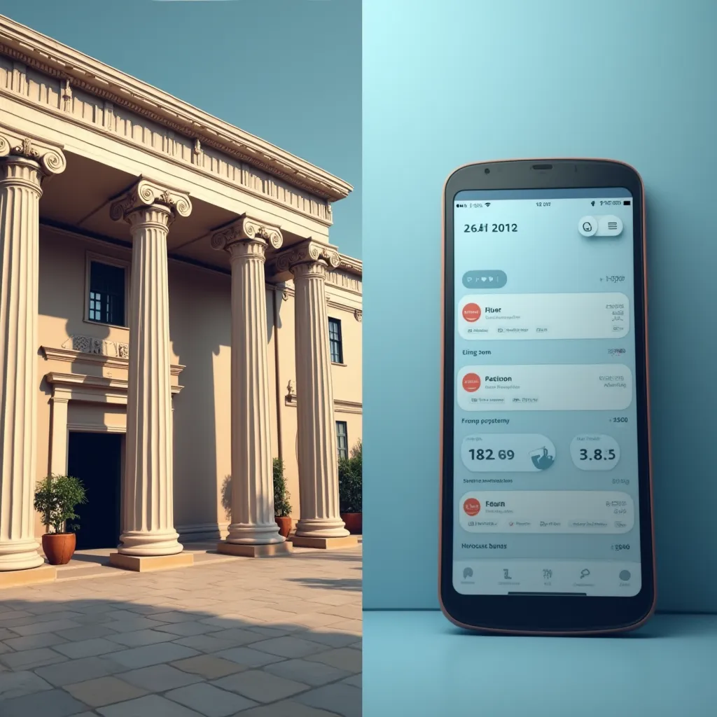 Split-screen showing traditional banking vs. modern digital payment interface